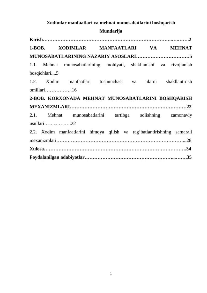 Xodimlar manfaatlari va mehnat munosabatlarini boshqarish 1