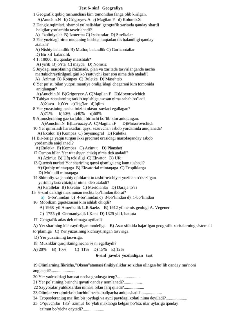 Test 6- sinf Geografiya 1