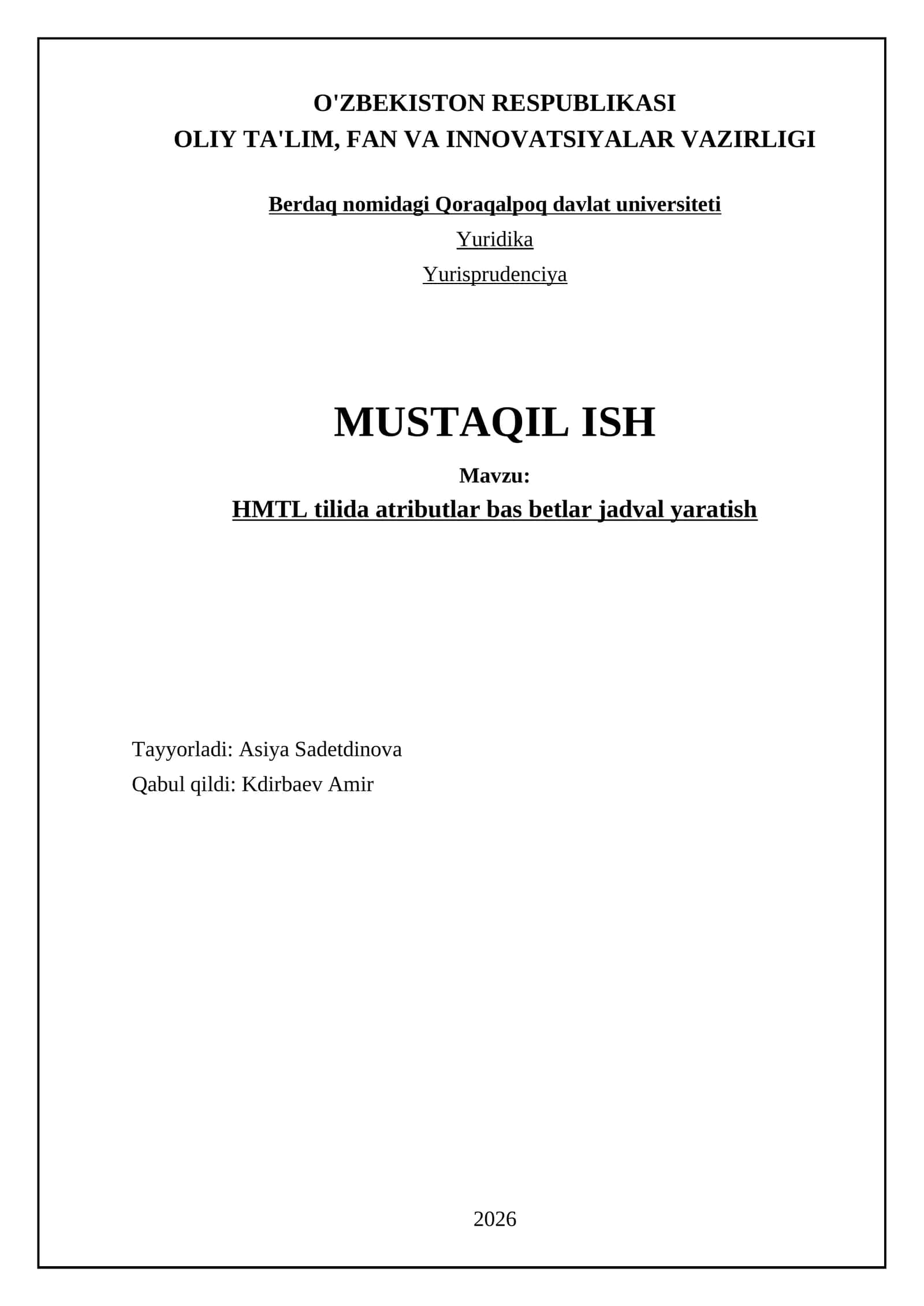 HMTL tilida atributlar bas betlar jadval yaratish 1