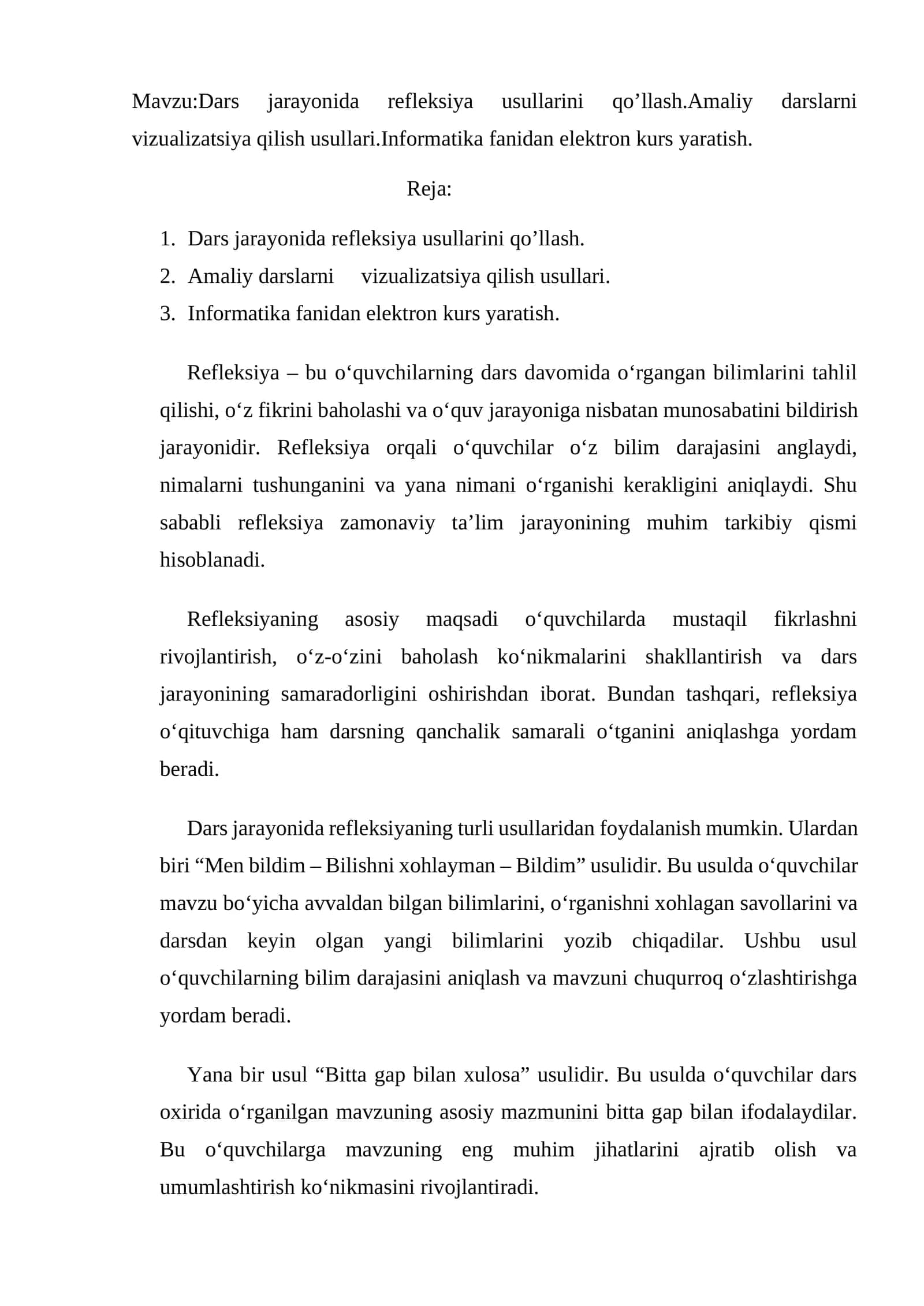 Dars jarayonida refleksiya usullarini qo’llash 1