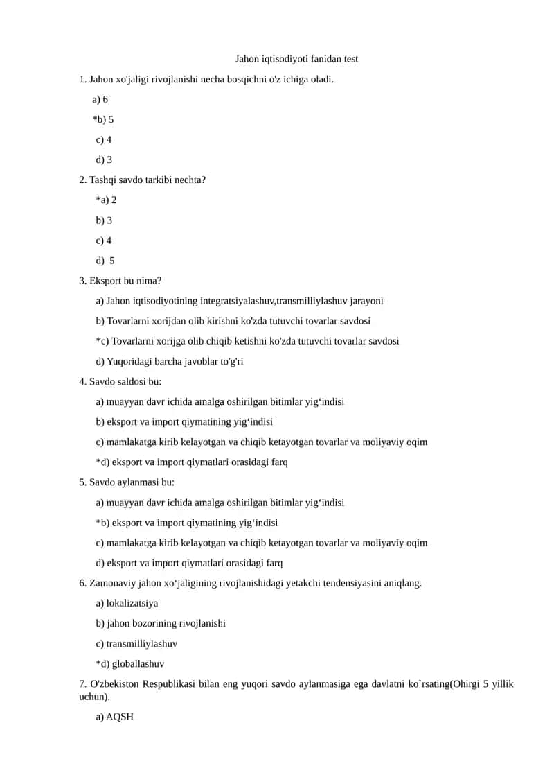 Jahon iqtisodiyoti fanidan test 1