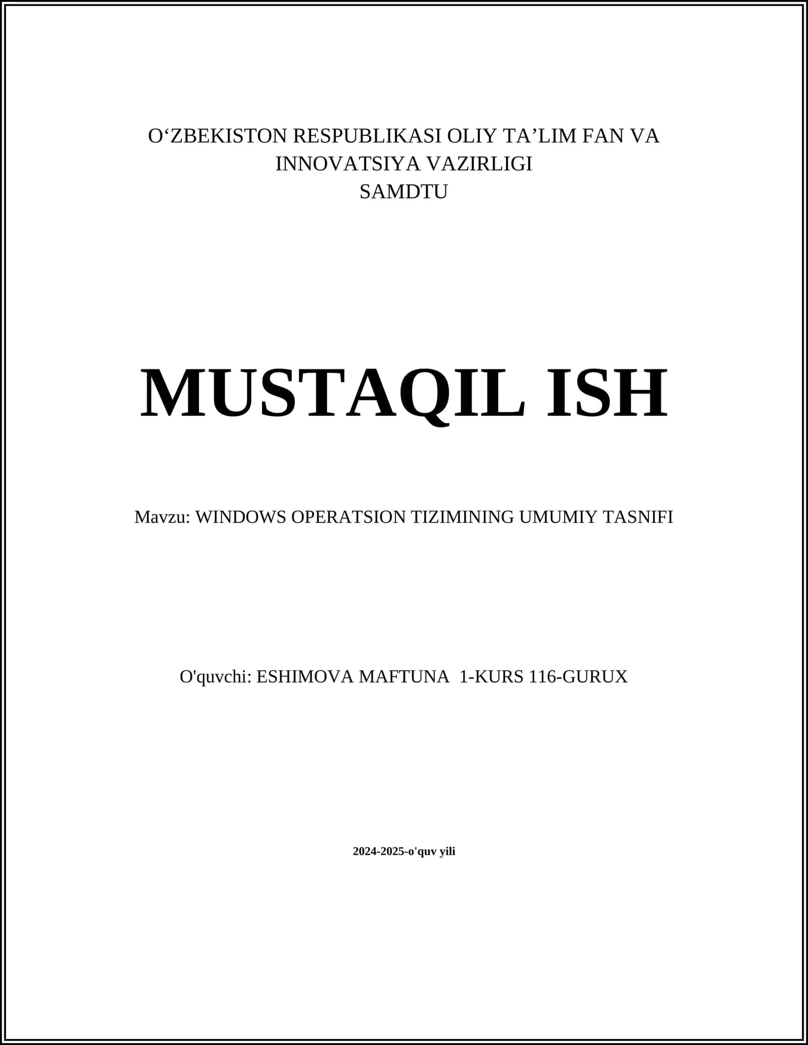 WINDOWS OPERATSION TIZIMINING UMUMIY TASNIFI 1