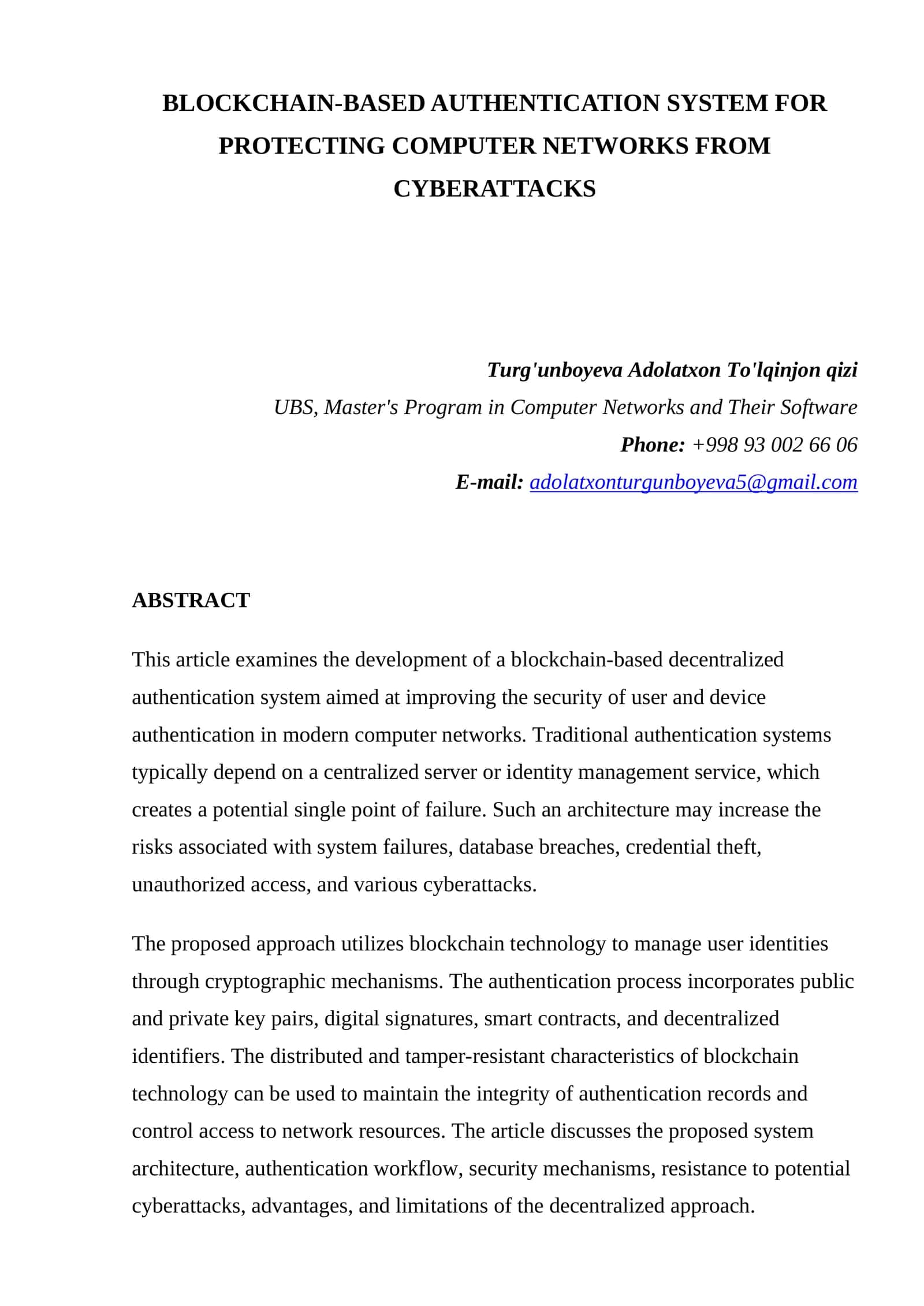 Blockchain-based Authentication System for Protecting Computer Networks from Cyberattacks 1