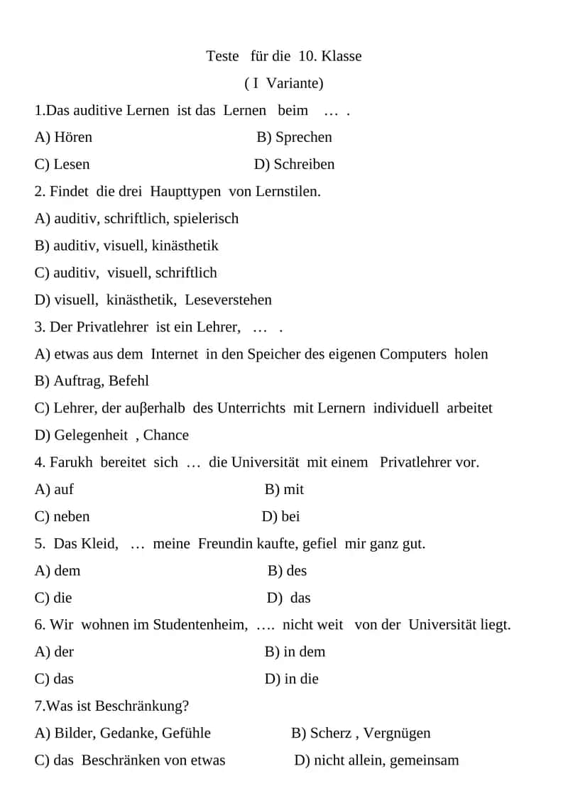 Teste für die 10. Klasse 1