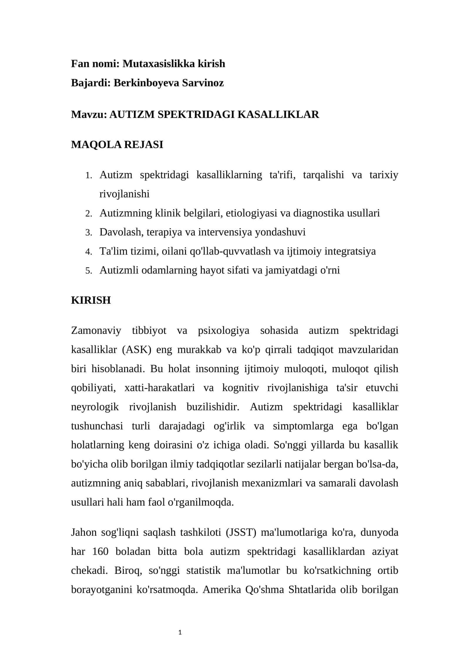 AUTIZM SPEKTRIDAGI KASALLIKLAR 1