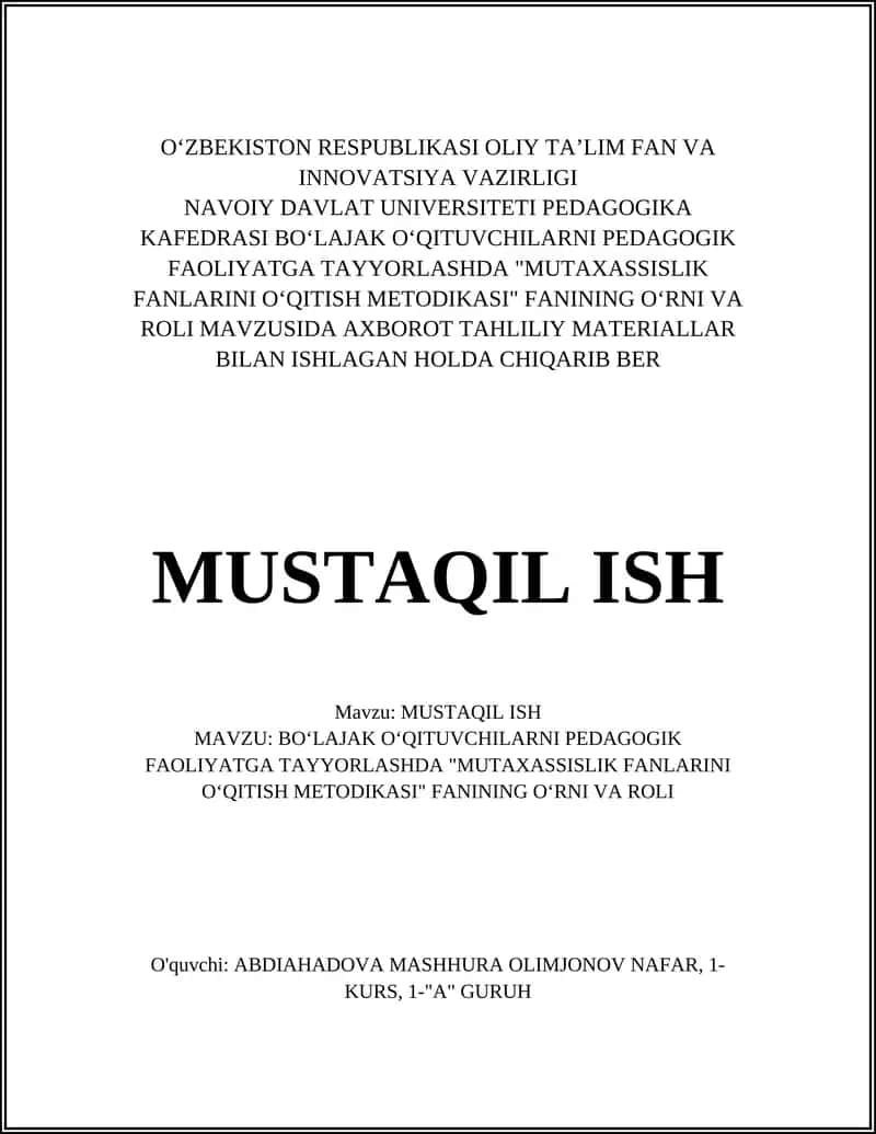 Mutaxassislik fanlarini o'qitish metodikasi 1