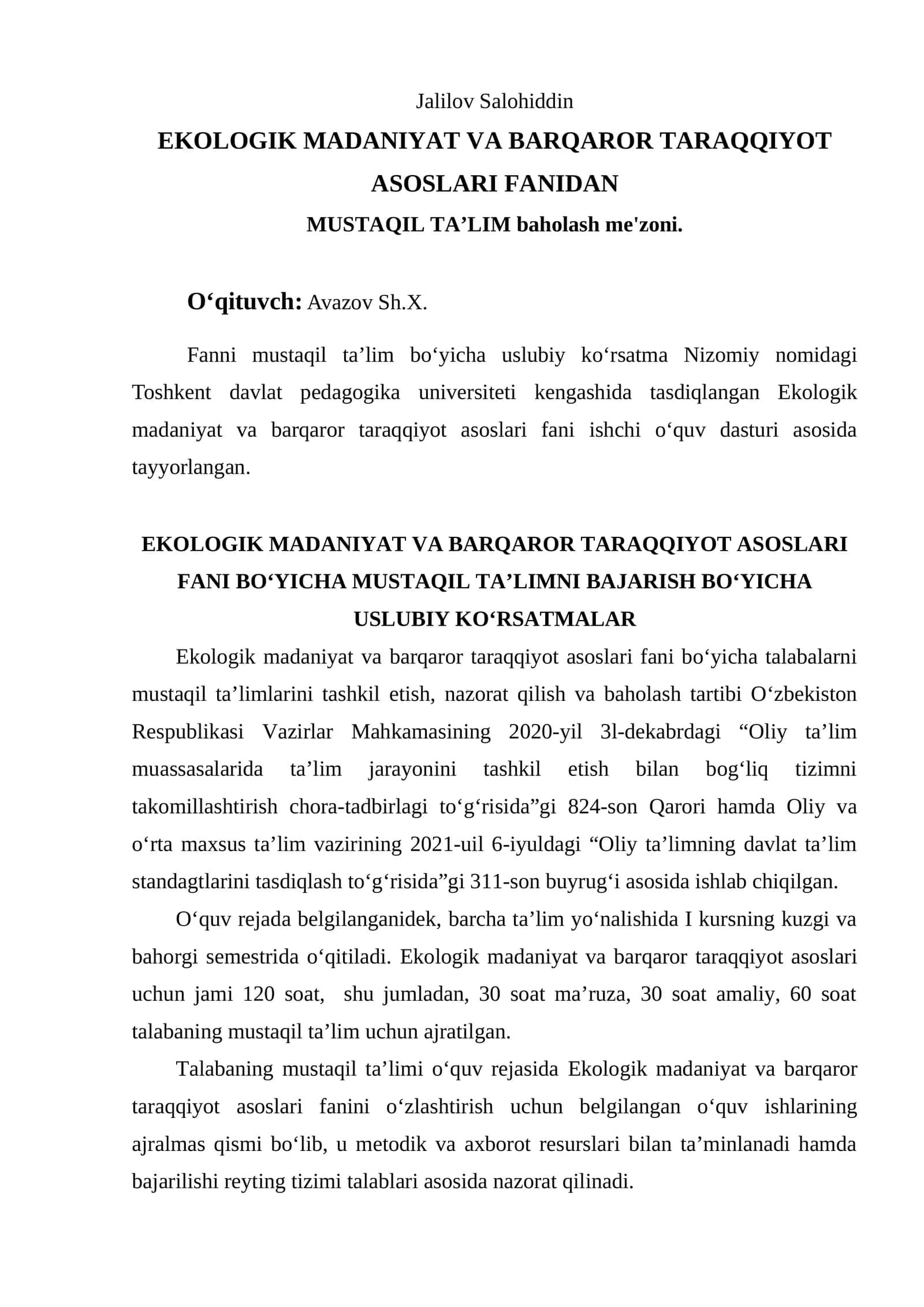 EKOLOGIK MADANIYAT VA BARQAROR TARAQQIYOT ASOSLARI FANIDAN 1
