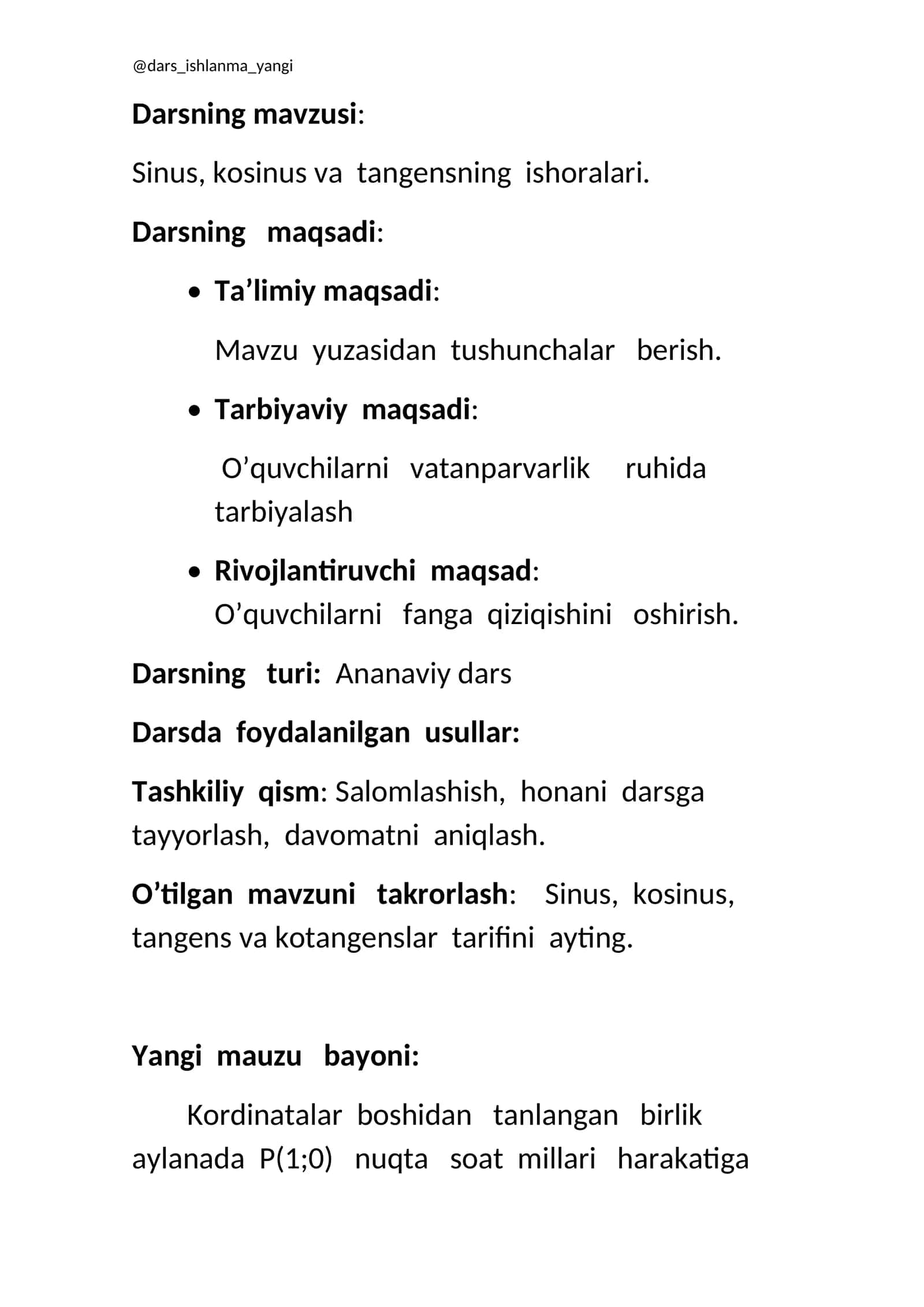 Sinus, kosinus va tangensning ishoralari 1
