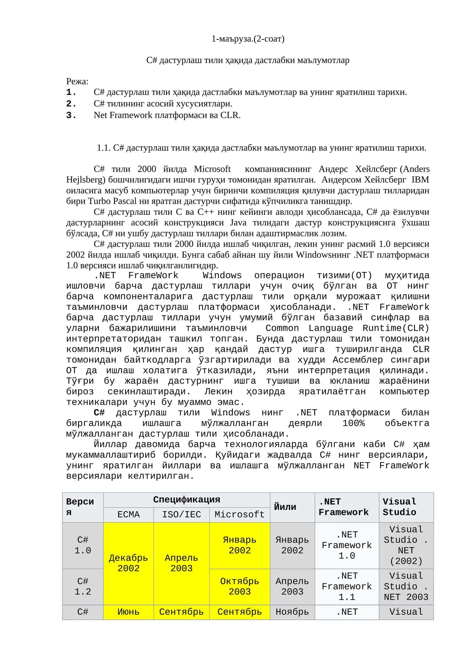 С# дастурлаш тили ҳақида дастлабки маълумотлар 1