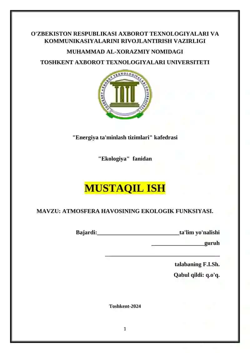ATMOSFERA HAVOSINING EKOLOGIK FUNKSIYASI
