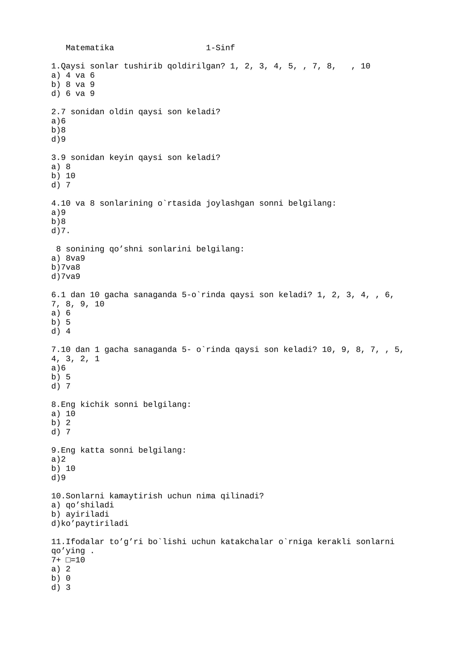 Matematika 1-Sinf 1