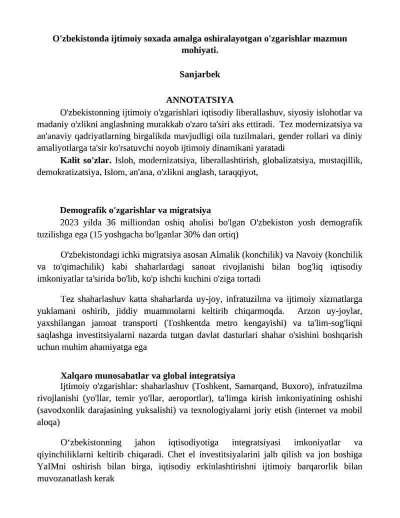 O'zbekistondagi ijtimoiy o'zgarishlar 1