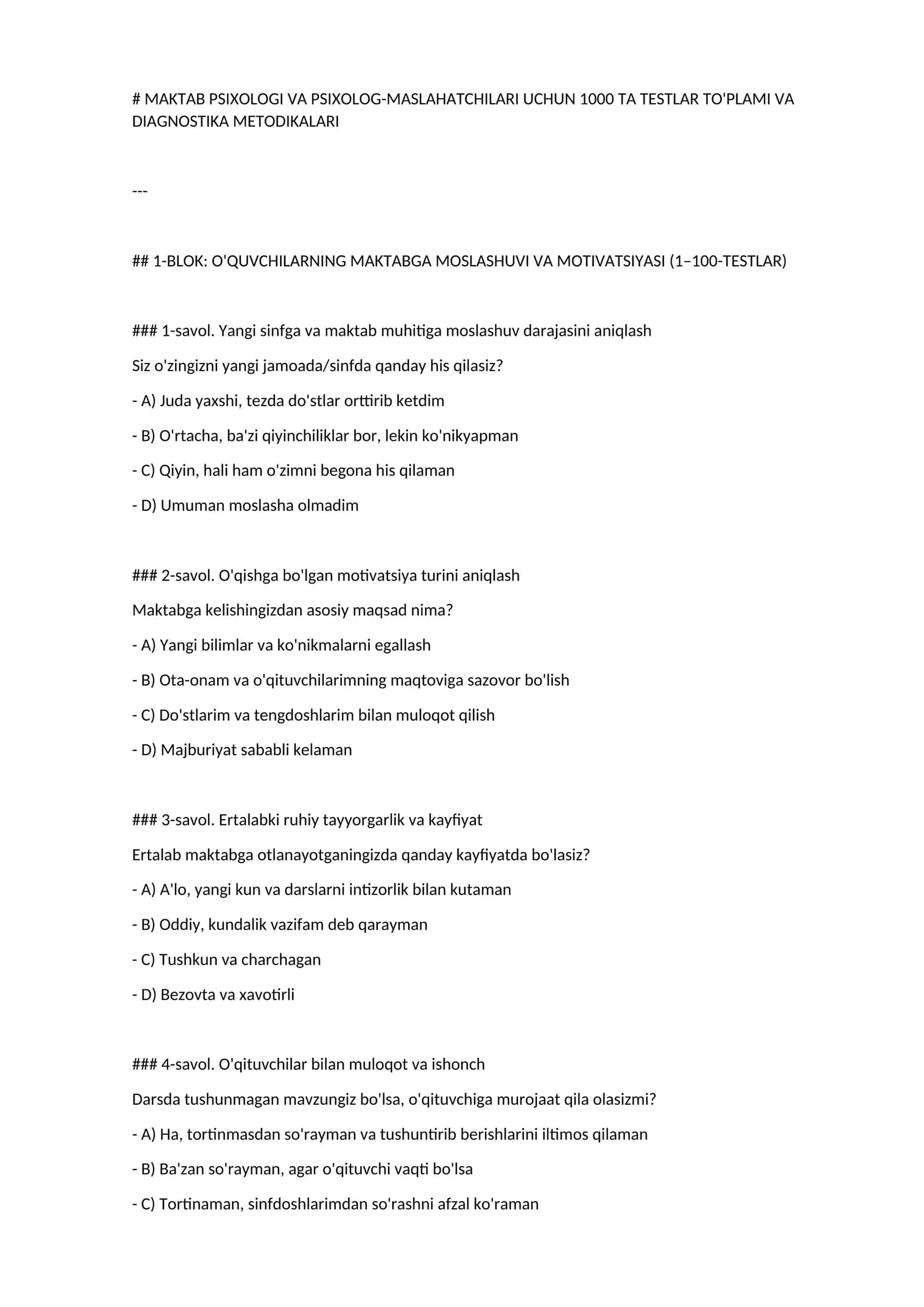 Maktab psixologi va psixolog-maslahatchilari uchun 1000 ta testlar to'plami 1
