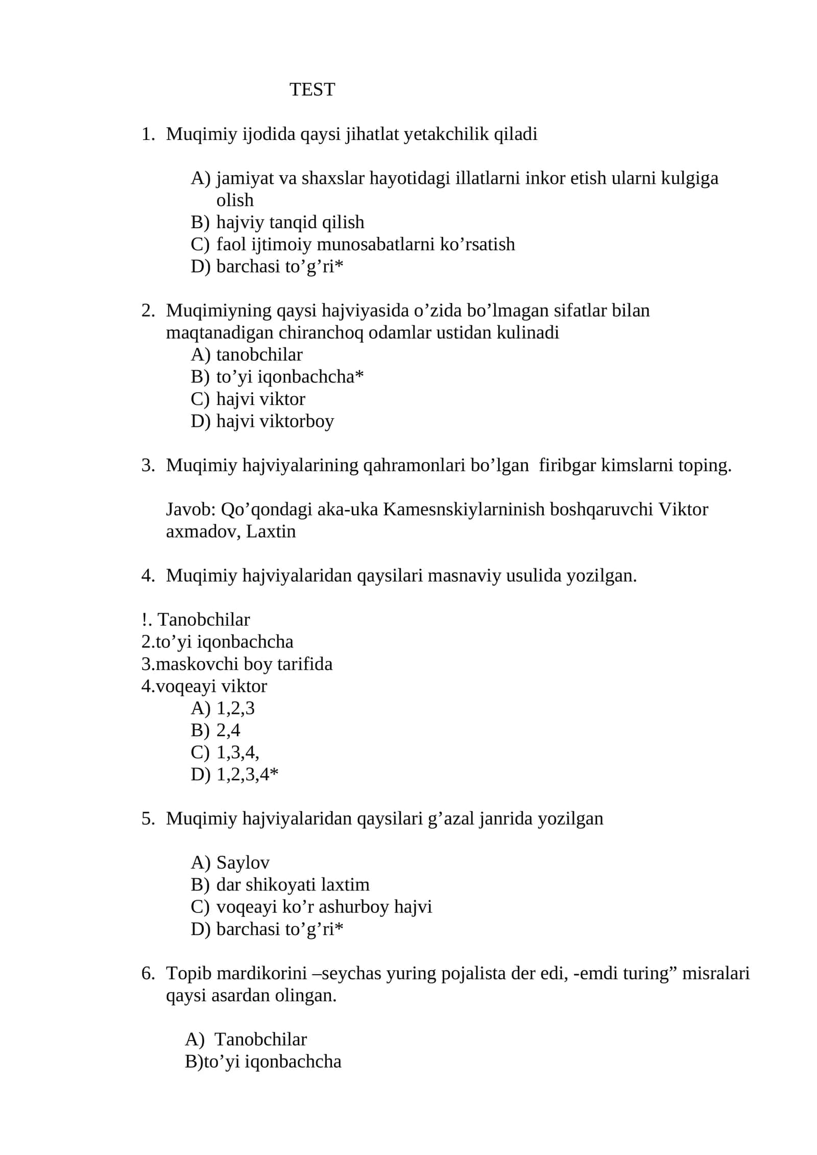 Muqimiya hanjviyalari (Test 1-6) 1