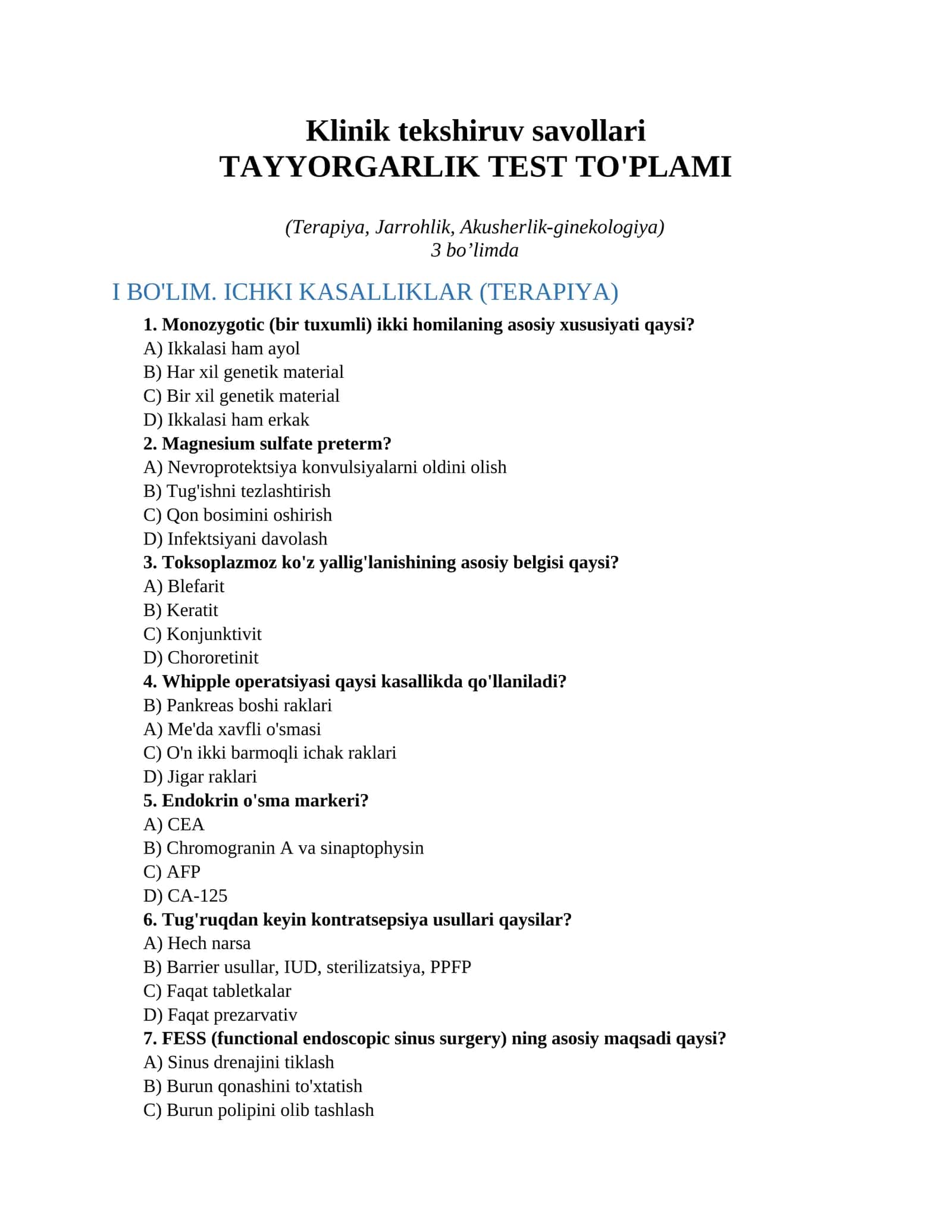 Klinik tekshiruv savollari 1