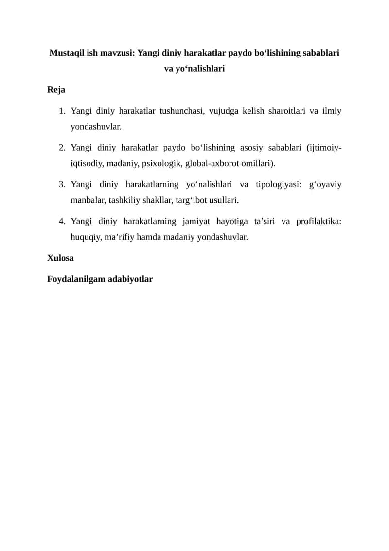 Yangi diniy harakatlar paydo bo‘lishining sabablari va yo‘nalishlari 1