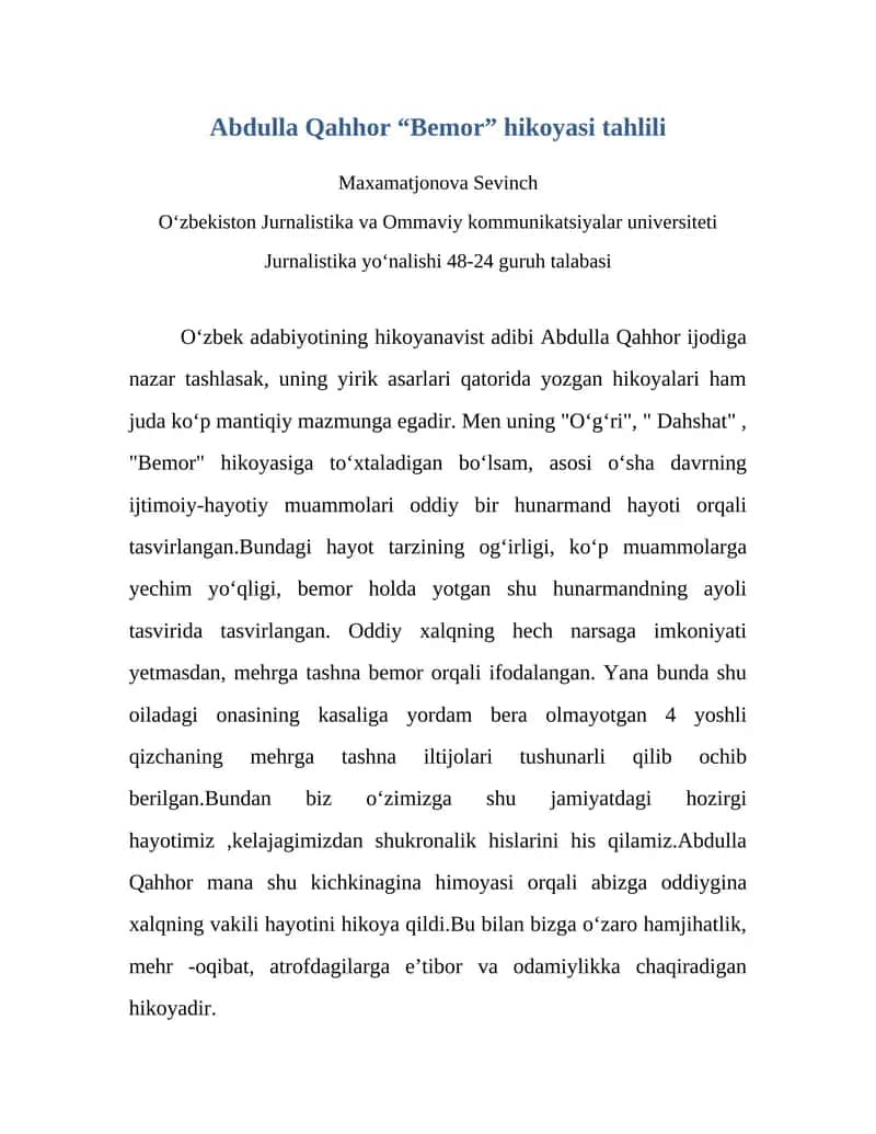 Abdulla Qahhor "Bemor" hikoyasi tahlili 1