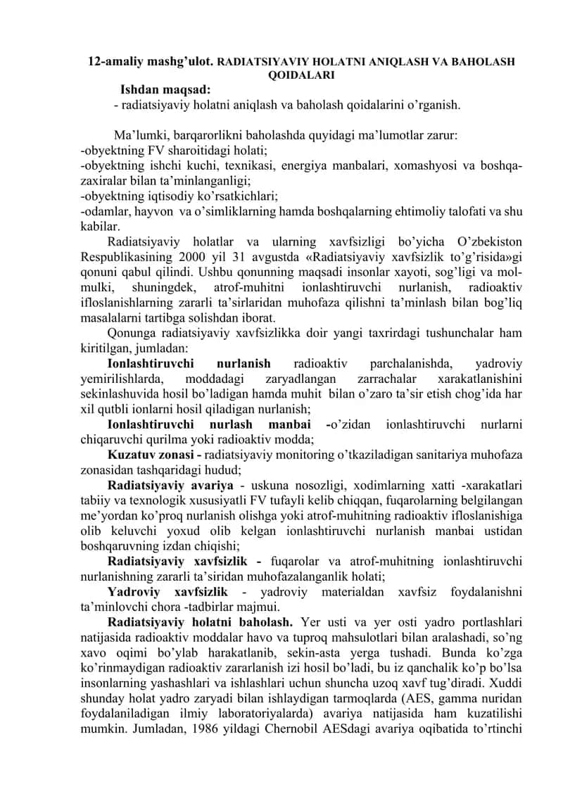 Radiatsiyaviy Holatni Aniqlash va Baholash Qoidalari 1