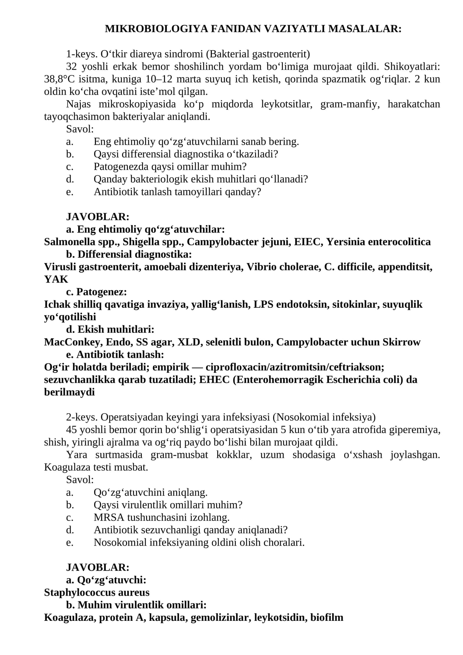 MIKROBIOLOGIYA FANIDAN VAZIYATLI MASALALAR 1