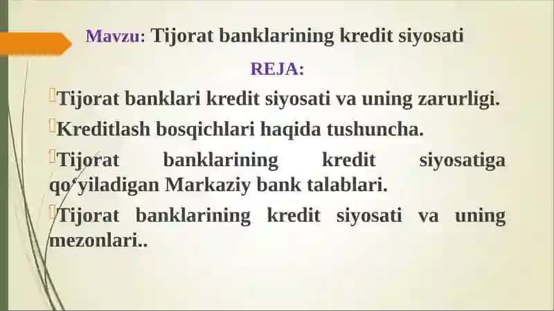 Tijorat banklarining kredit siyosati
