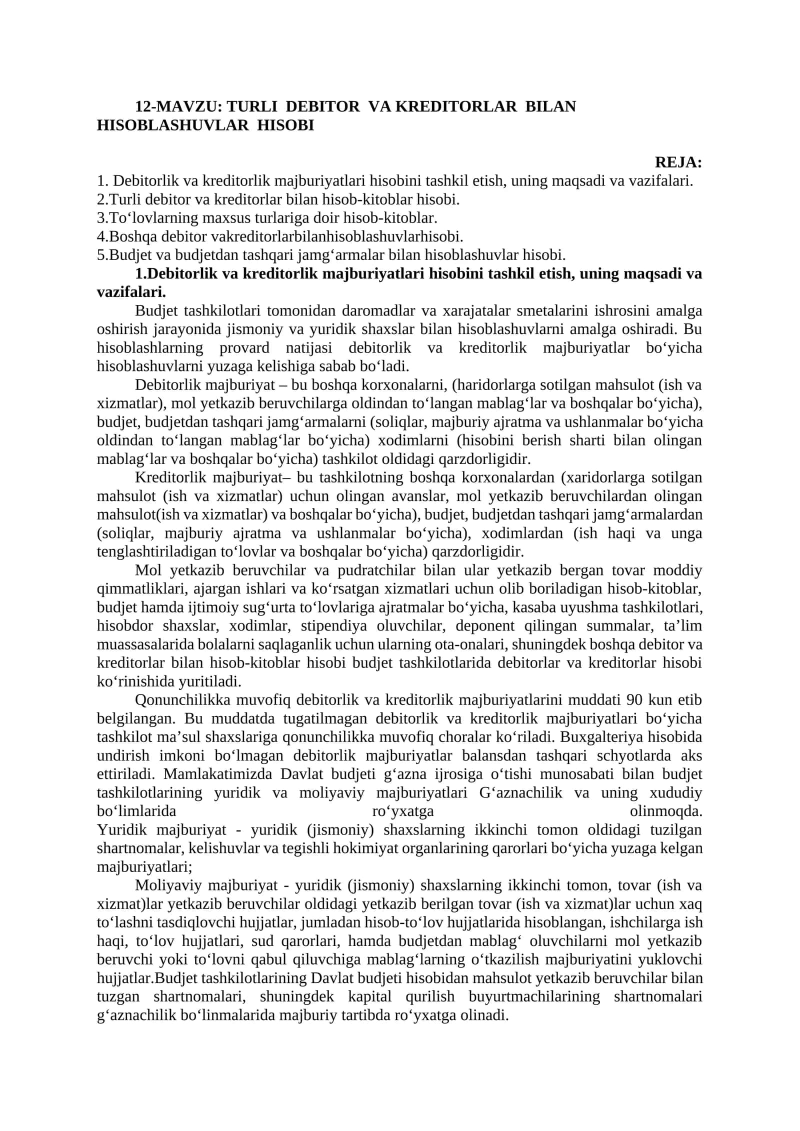 TURLI DEBITOR VA KREDITORLAR BILAN HISOBLASHUVLAR HISOBI 1
