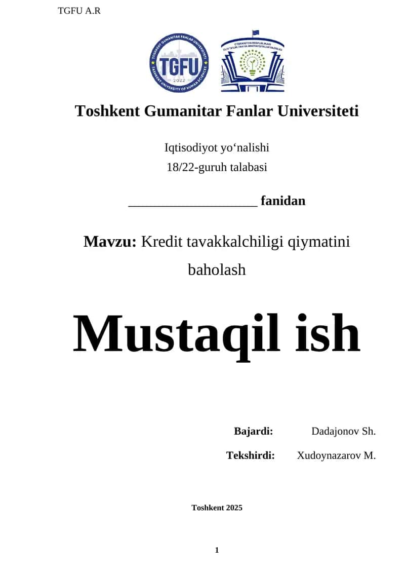 Kredit tavakkalchiligi qiymatini baholash 1