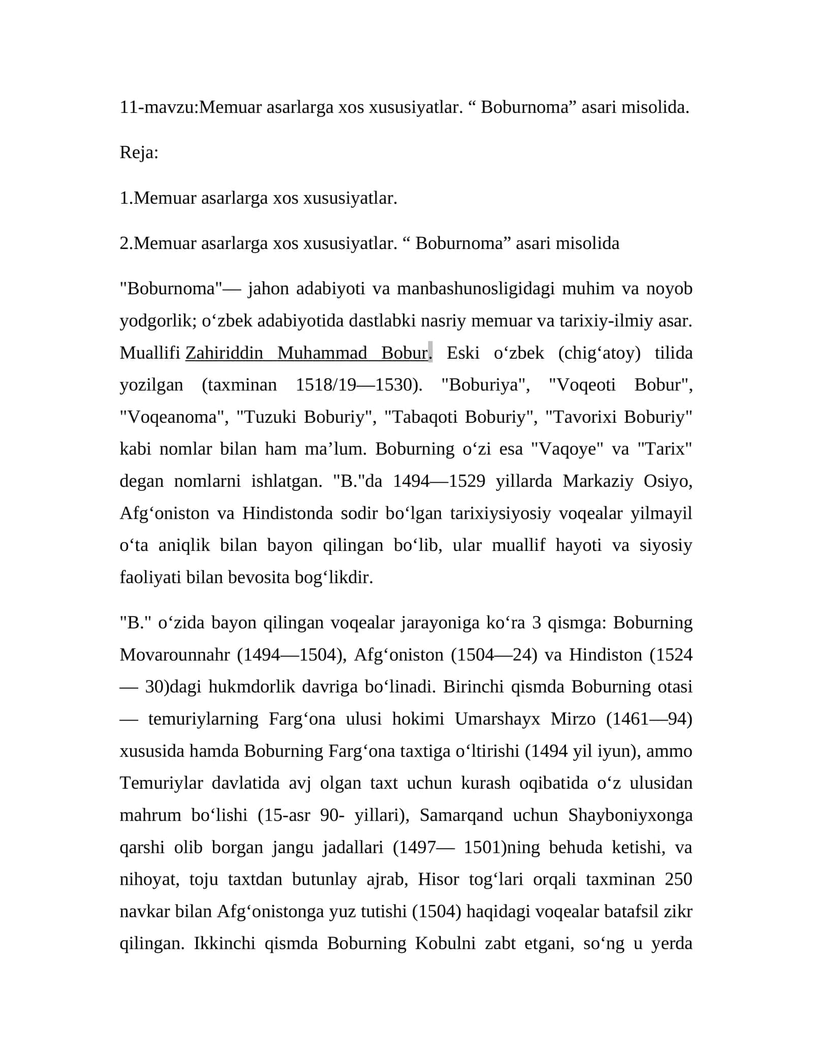 Mеmuаr аsаrlаrgа хоs хususiyatlаr. “ Bоburnоmа” аsаri misоlidа 1