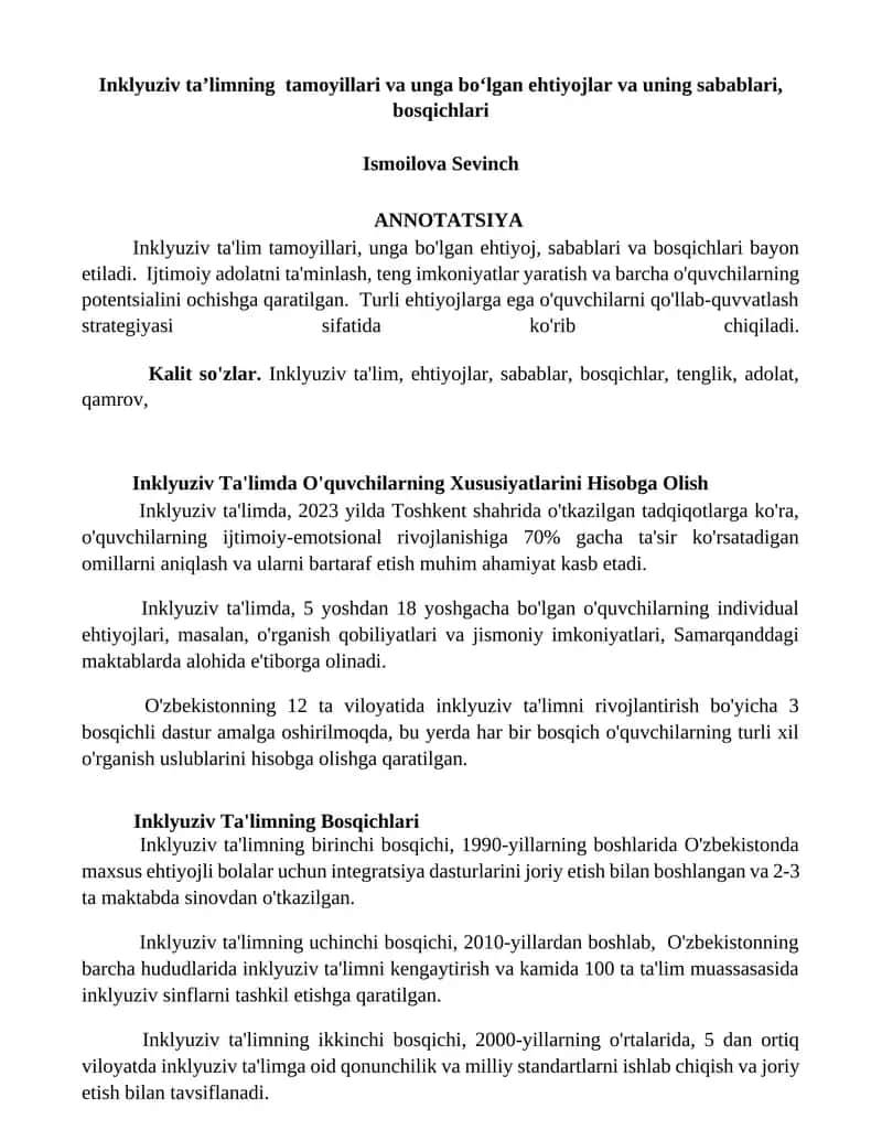Inklyuziv Ta'lim va uning bosqichlari 1