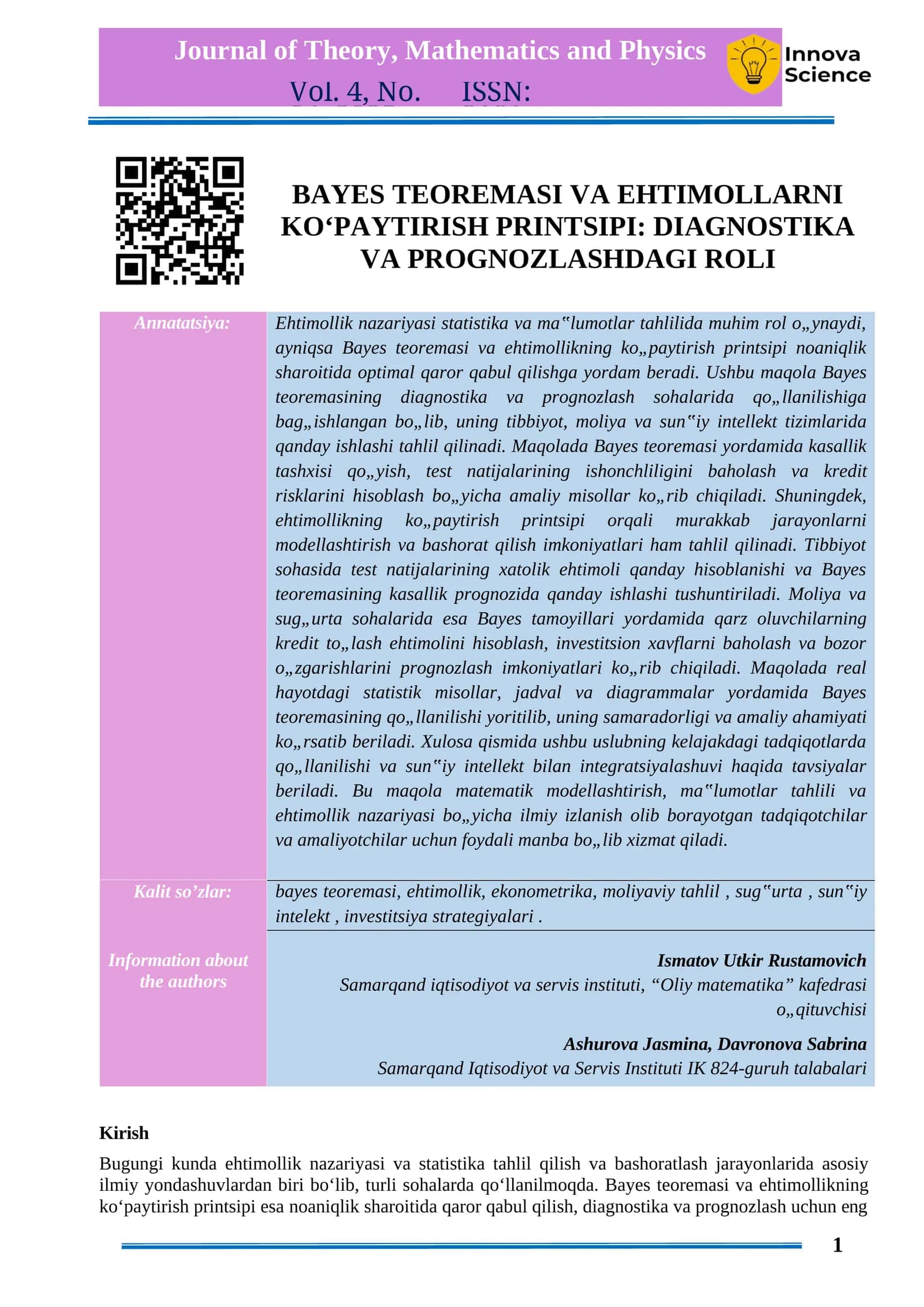 Bayes teoremasi va ehtimollikning ko'paytirish printsipi 1