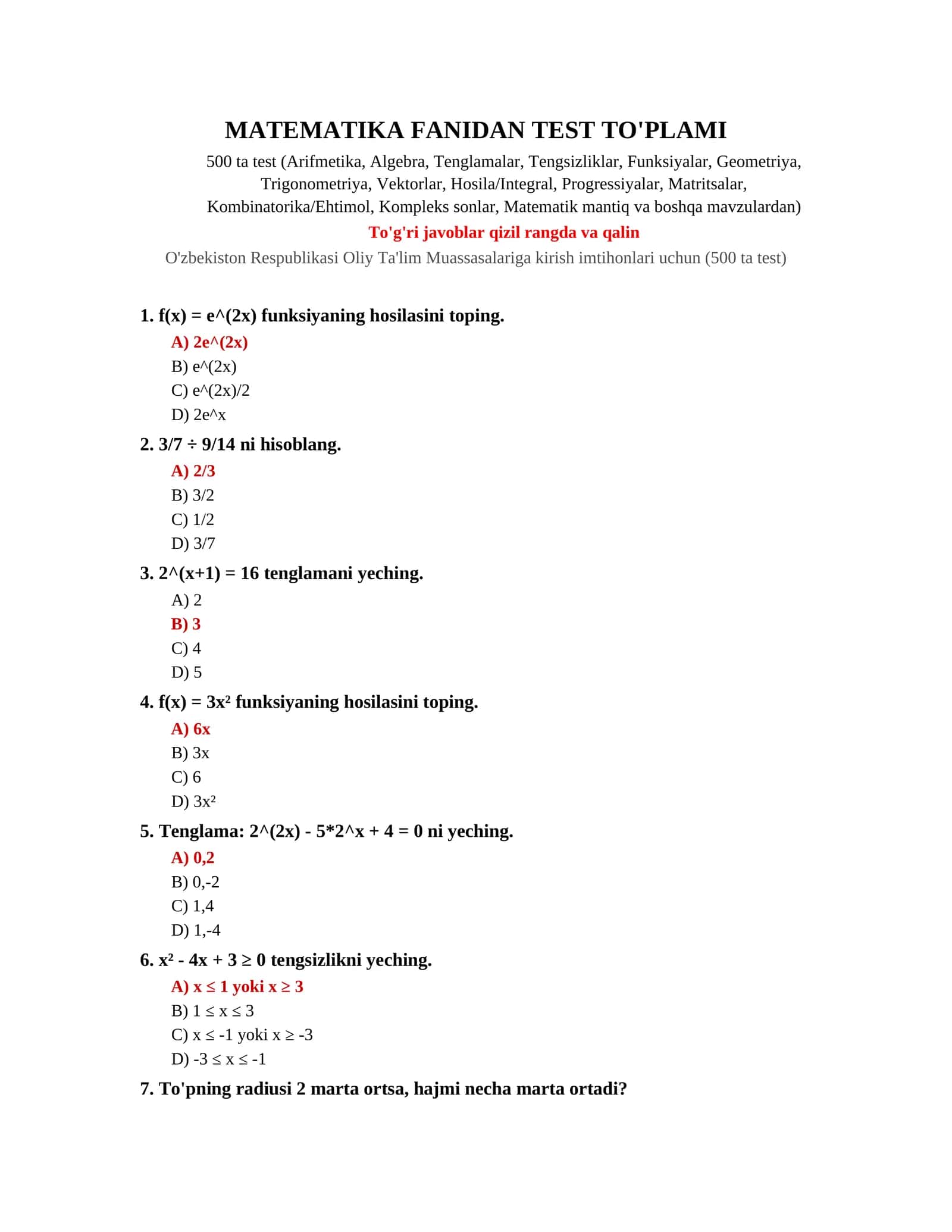 MATEMATIKA FANIDAN TEST TO'PLAMI 500 TA 1