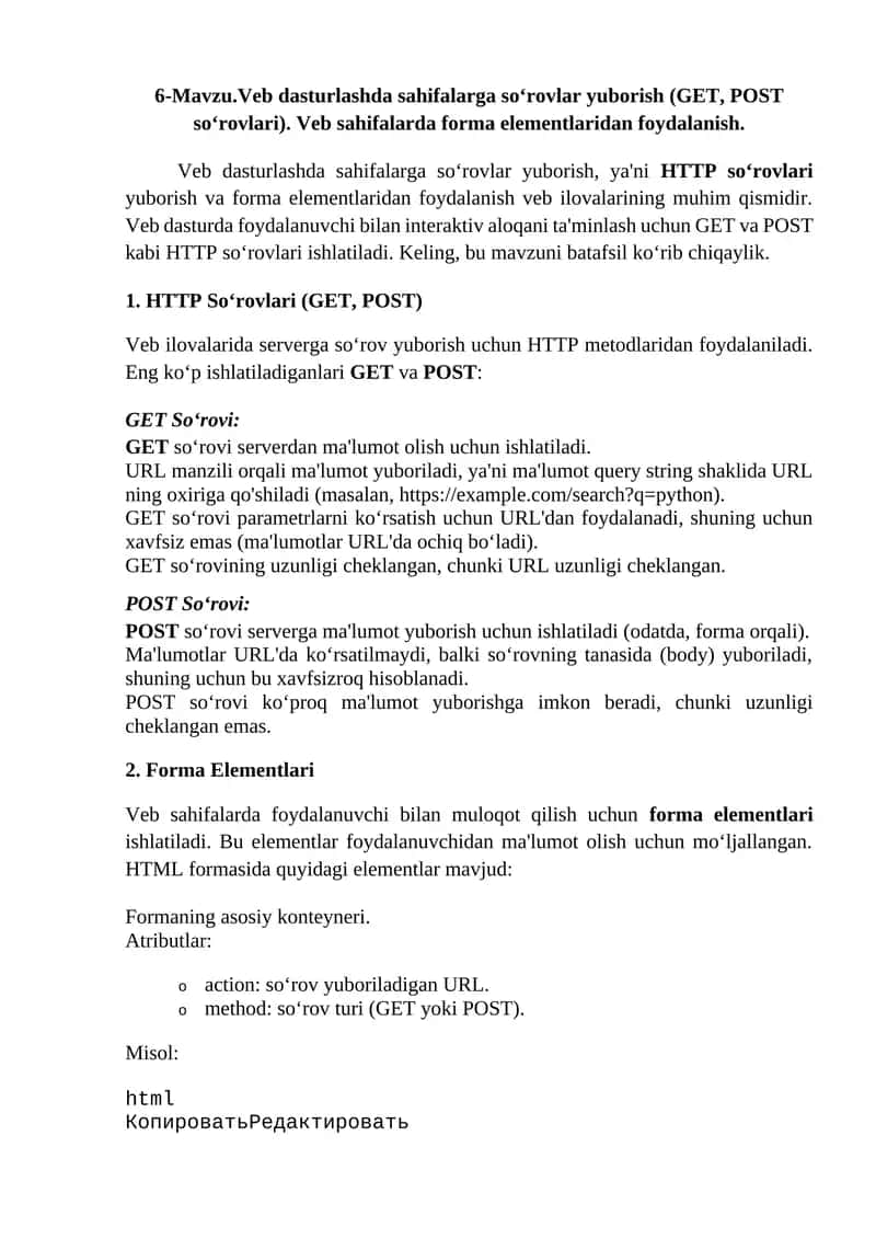 Veb dasturlashda sahifalarga so‘rovlar yuborish (GET, POST so‘rovlari) 1