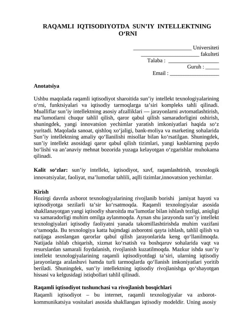 Raqamli iqtisodiyotda Sun’iy Intellektning O‘rni 1