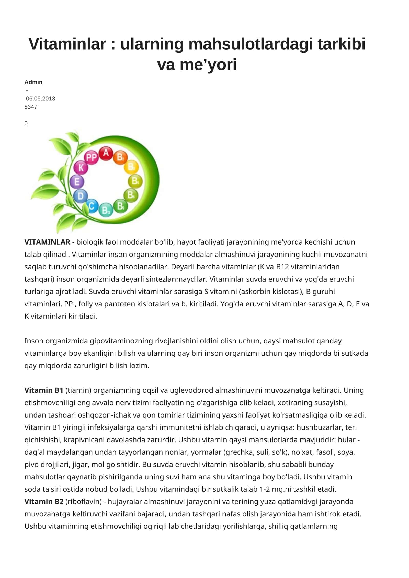Vitaminlar: ularning mahsulotlardagi tarkibi va me’yori 1