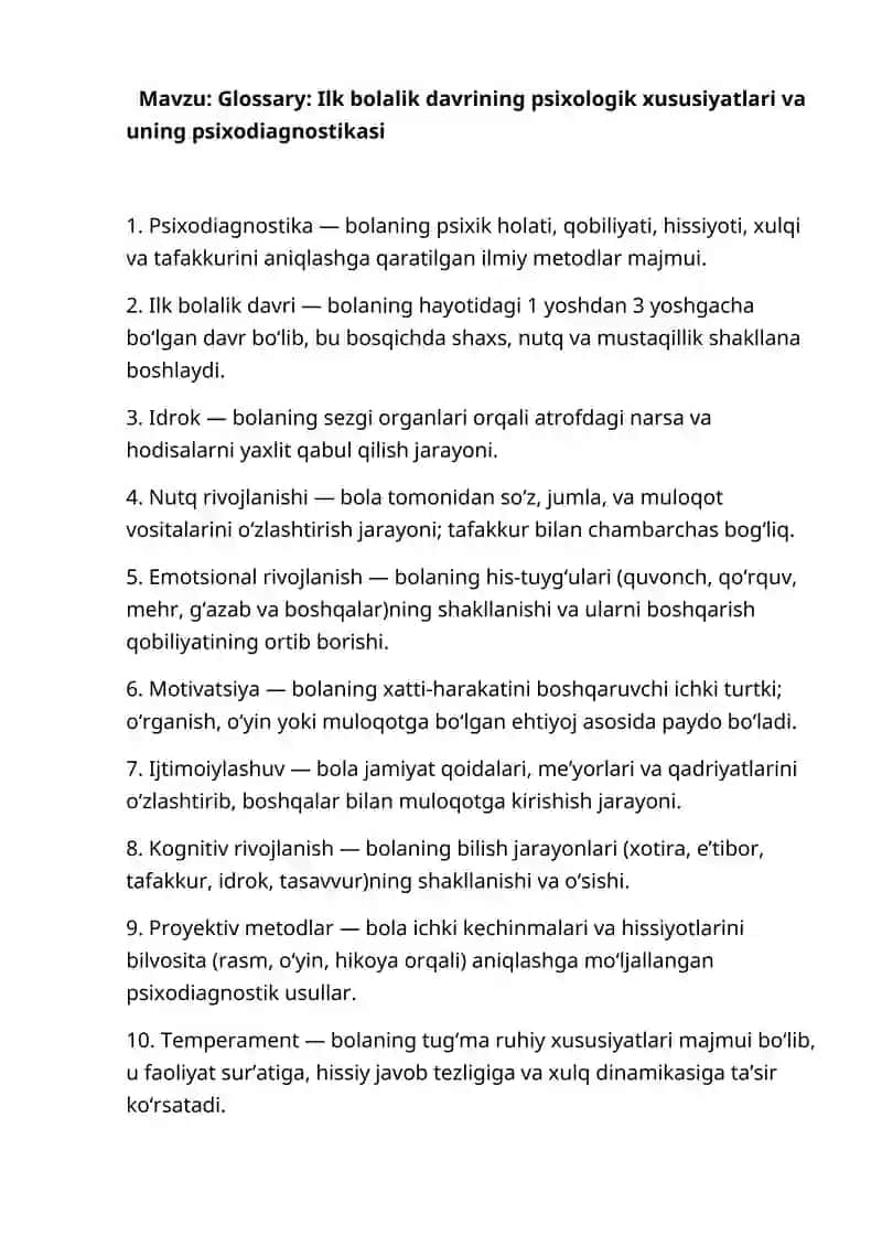 Glossary: Ilk bolalik davrining psixologik xususiyatlari va uning psixodiagnostikasi