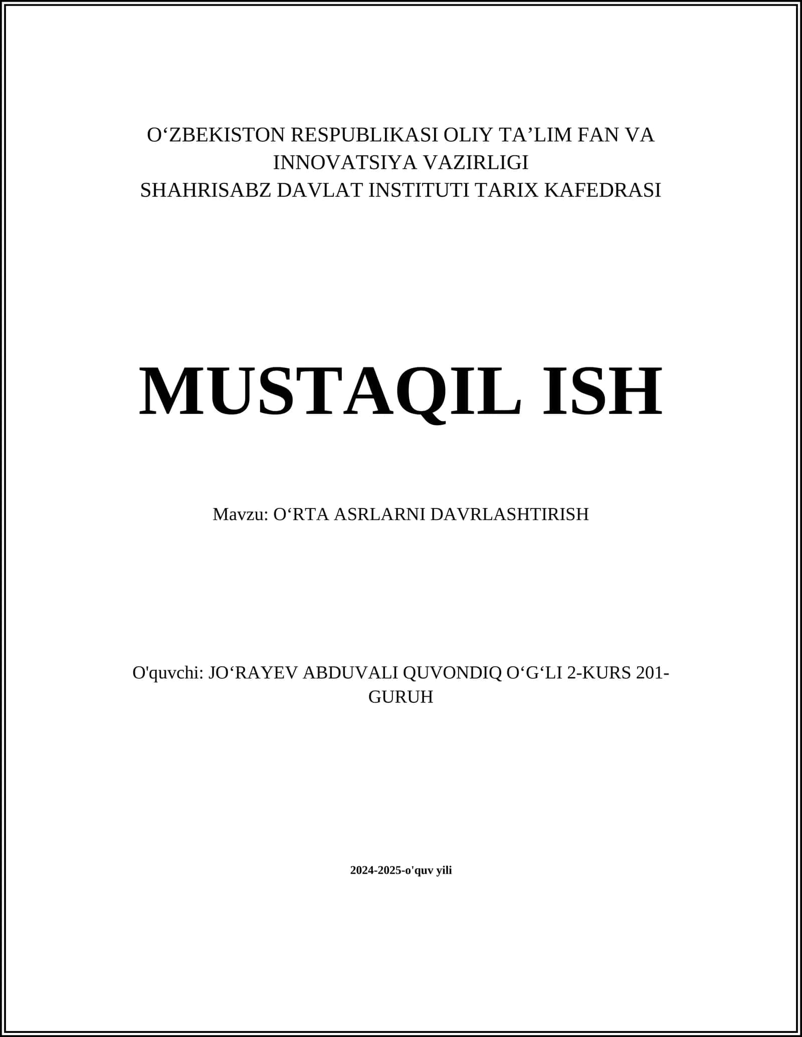 OʻRTA ASRLARNI DAVRLASHTIRISH 1