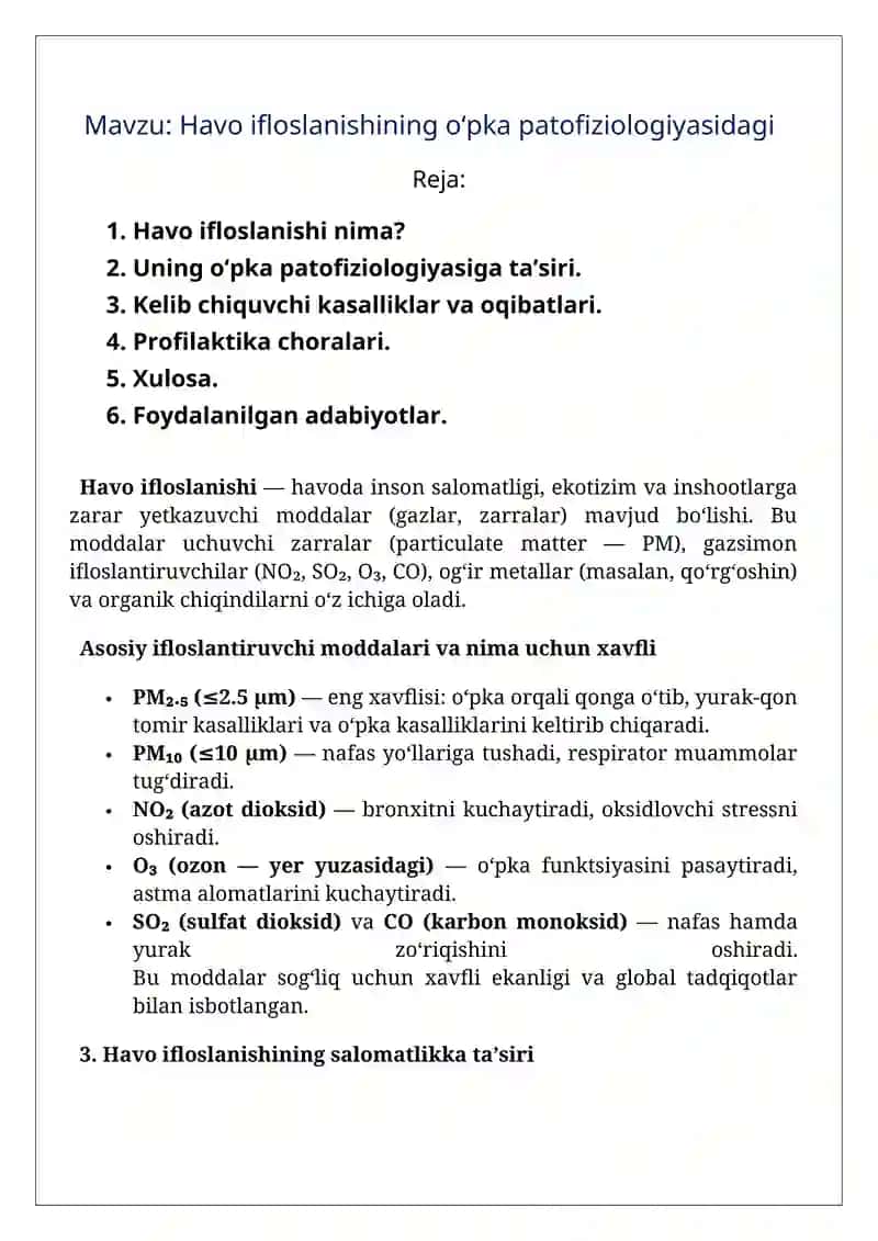 Havo ifloslanishining o‘pka patofiziologiyasidagi