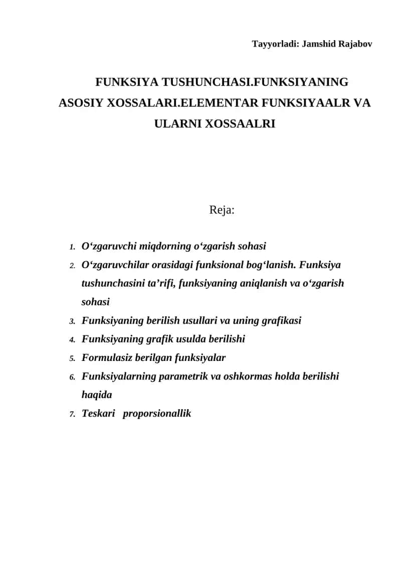 FUNKSIYA TUSHUNCHASI 1