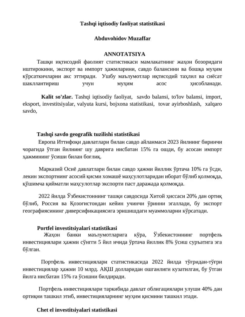Tashqi iqtisodiy faoliyat statistikasi 1