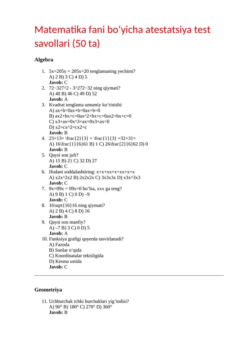 Matematika fani bo‘yicha atestatsiya test savollari (50 ta) 1