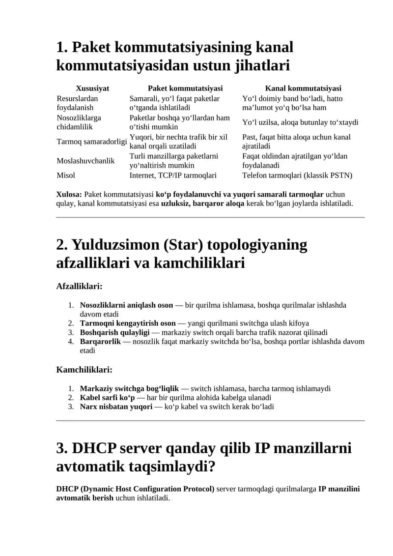 Paket kommutatsiyasining kanal kommutatsiyasidan ustun jihatlari 1