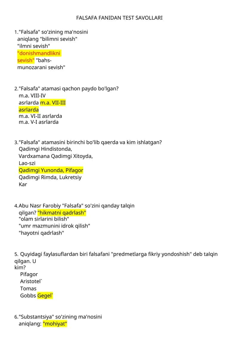 FALSAFA FANIDAN TEST SAVOLLARI 1