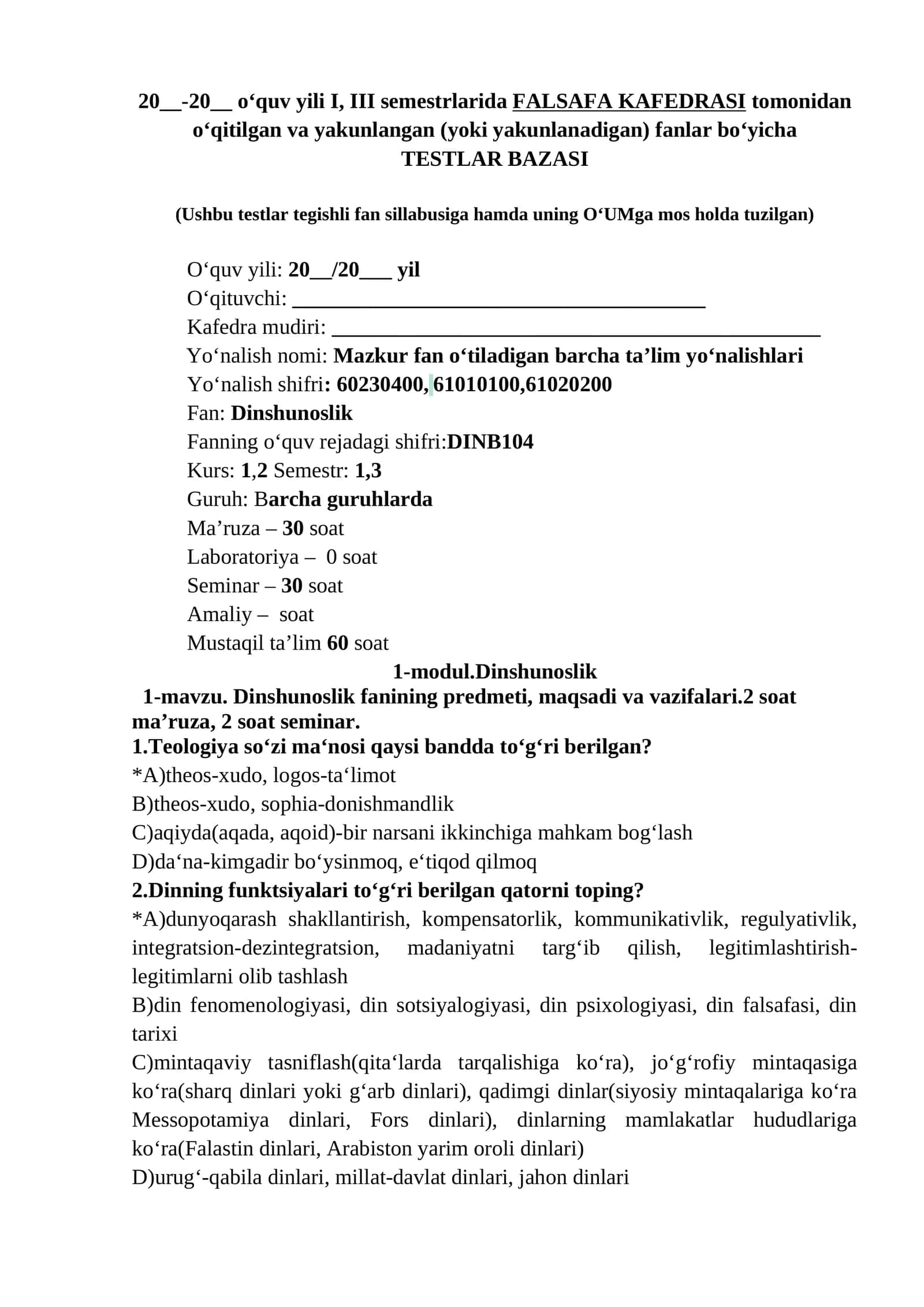 Dinshunoslik test yakuniy uchun 1