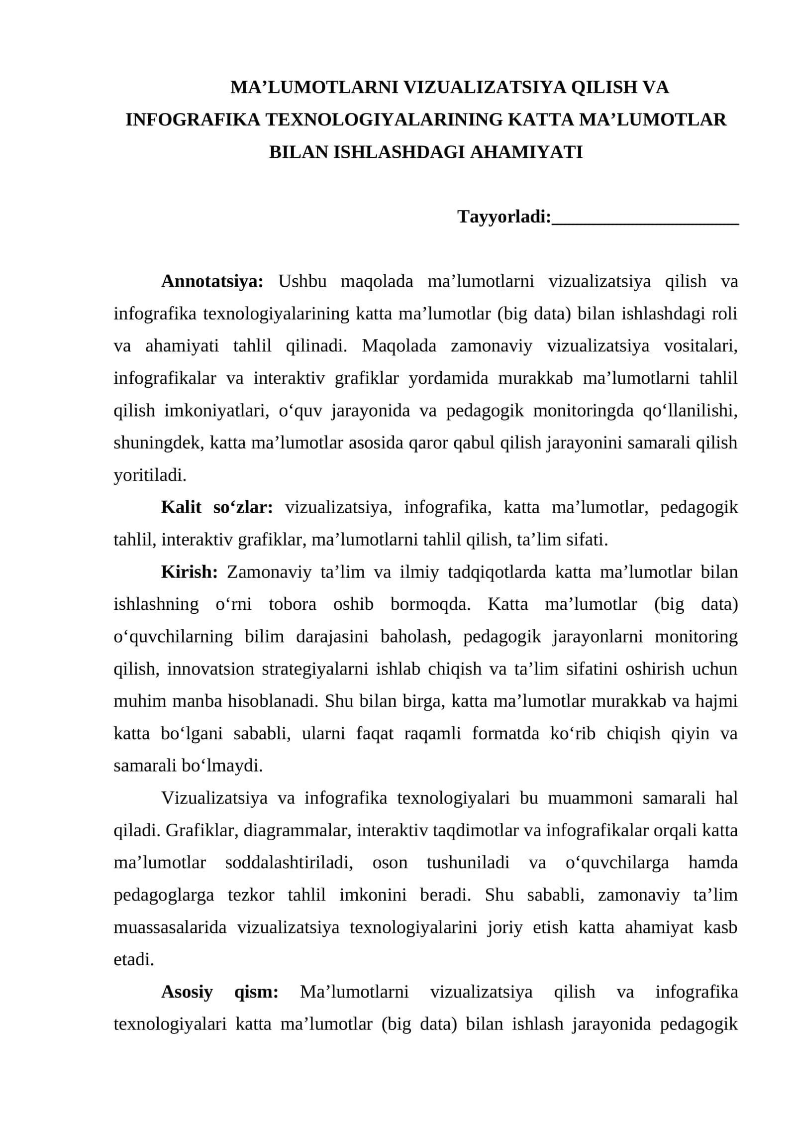MA’LUMOTLARNI VIZUALIZATSIYA QILISH VA INFOGRAFIKA TEXNOLOGIYALARINING KATTA MA’LUMOTLAR BILAN ISHLASHDAGI AHAMIYATI 1
