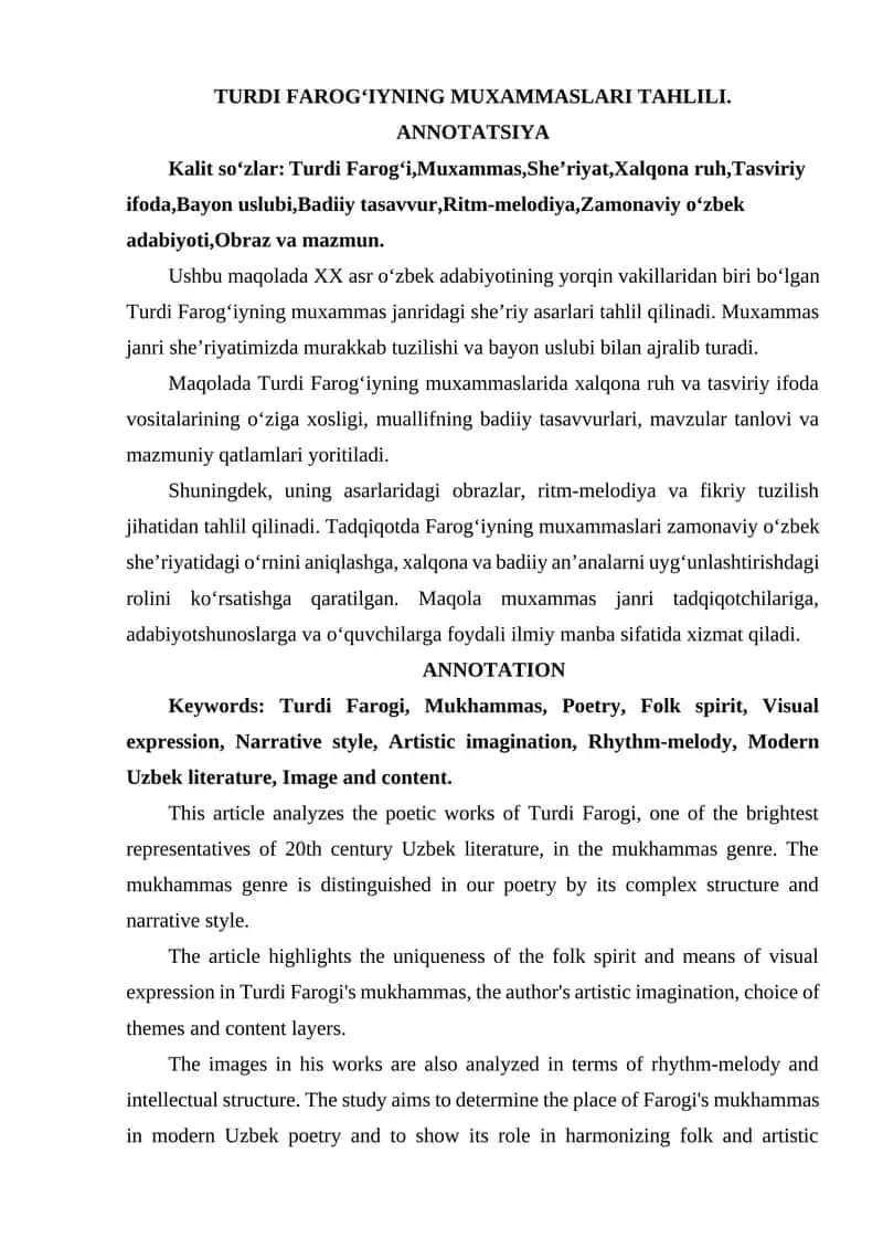 TURDI FAROGʻIYNING MUXAMMASLARI TAHLILI. 1