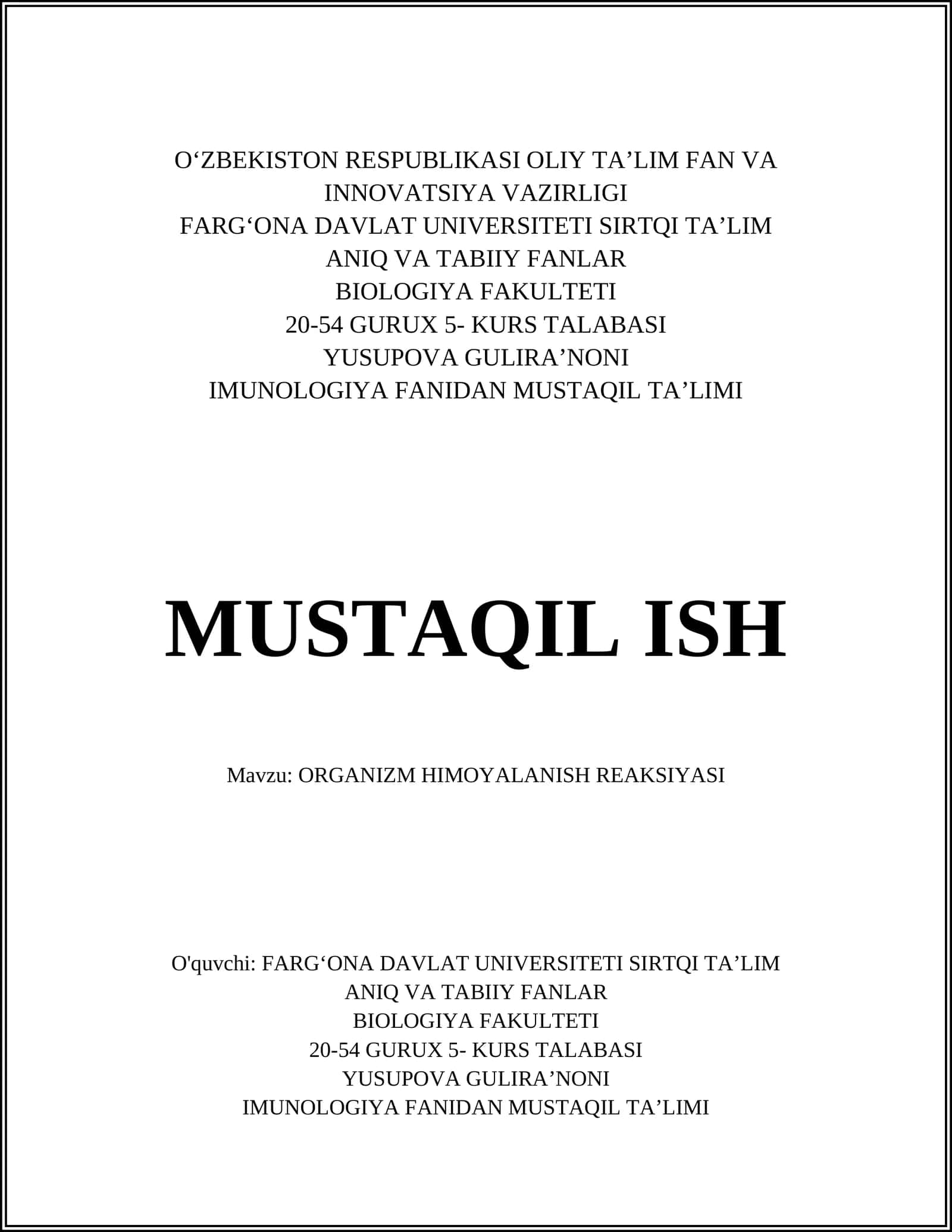 ORGANIZM HIMOYALANISH REAKSIYASI 1