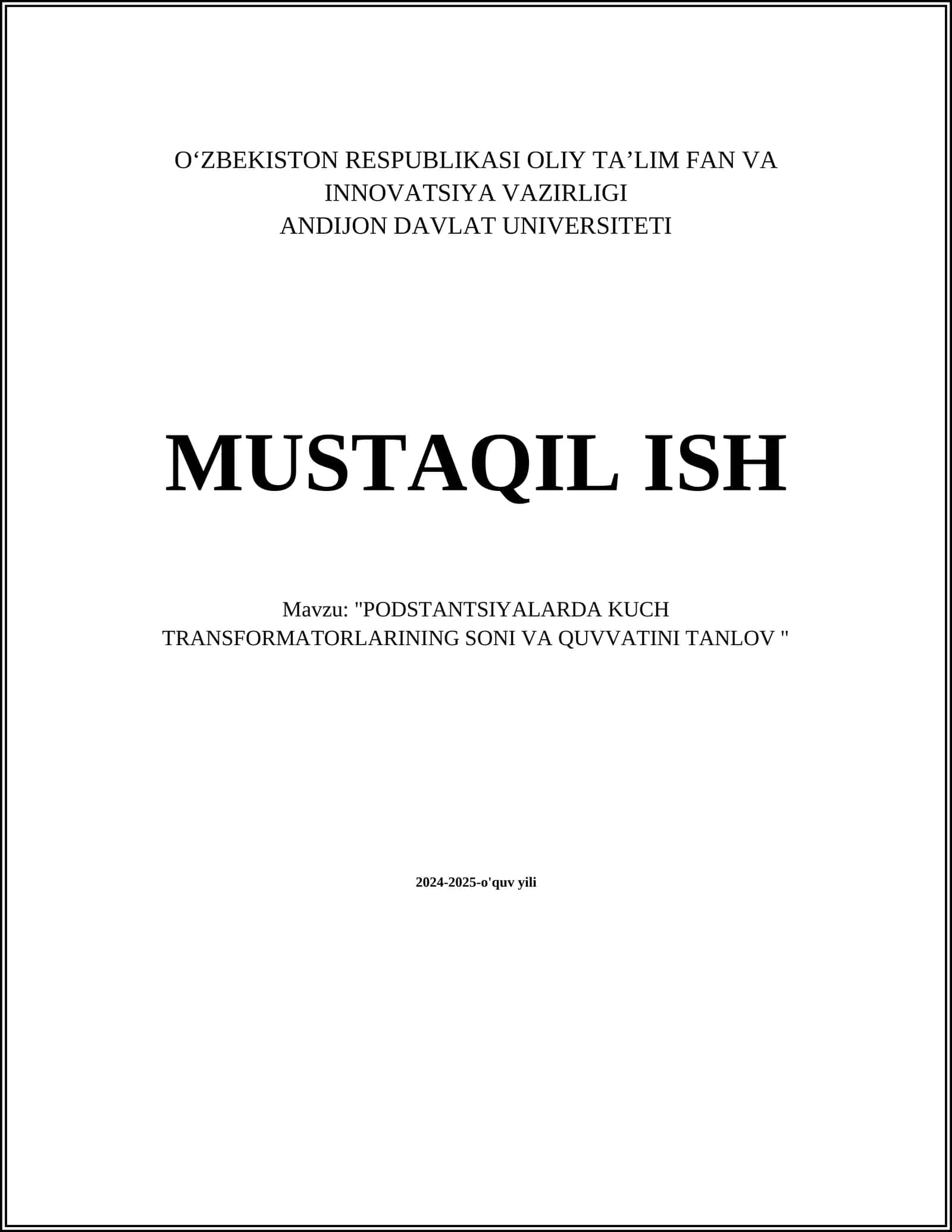 "PODSTANTSIYALARDA KUCH TRANSFORMATORLARINING SONI VA QUVVATINI TANLOV" 1