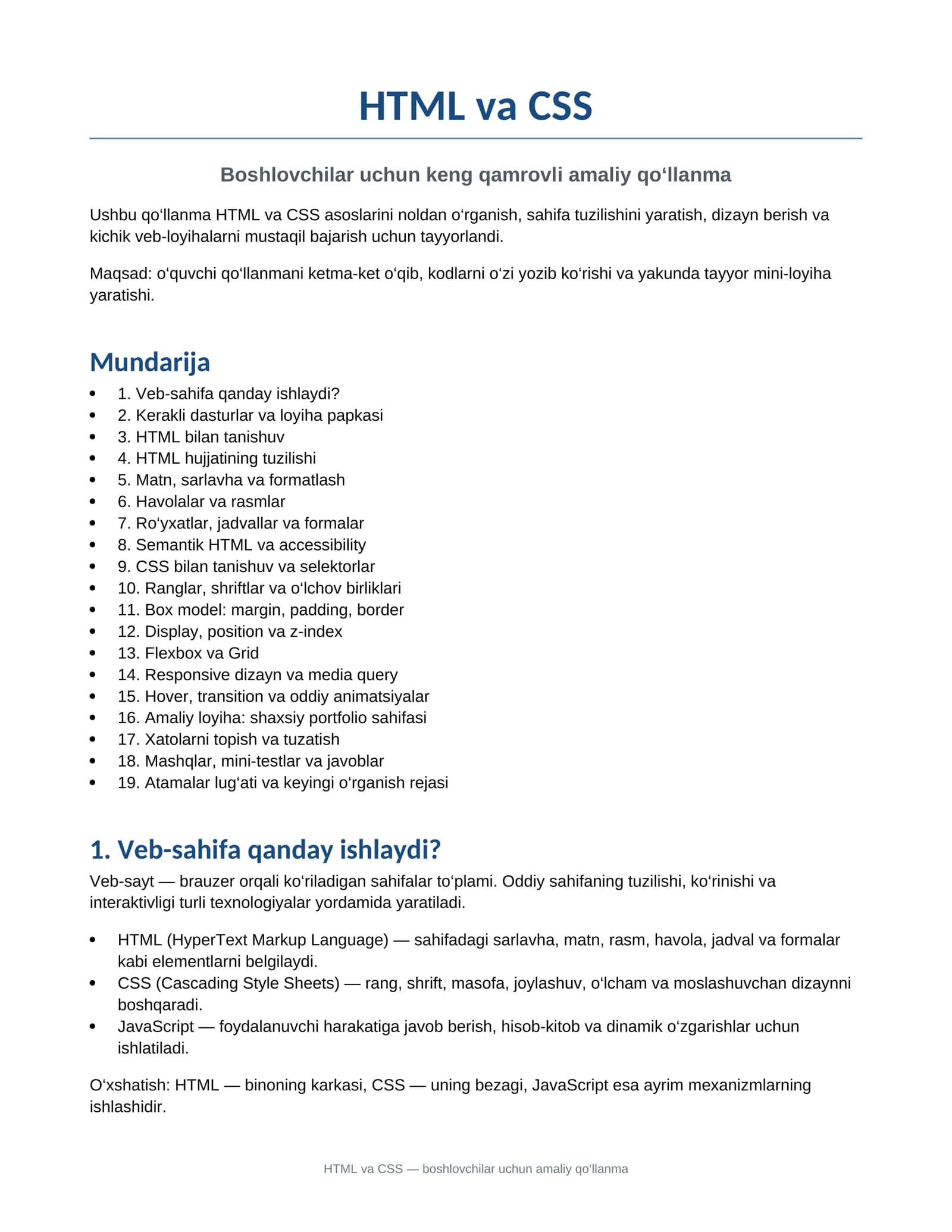 HTML va CSS boshlovchilar uchun qollanma kodaar 1