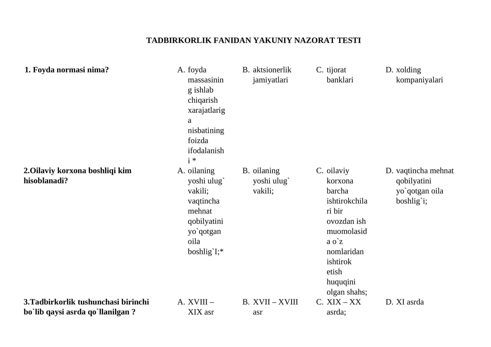 TADBIRKORLIK FANIDAN YAKUNIY NAZORAT TESTI 200 ta 1