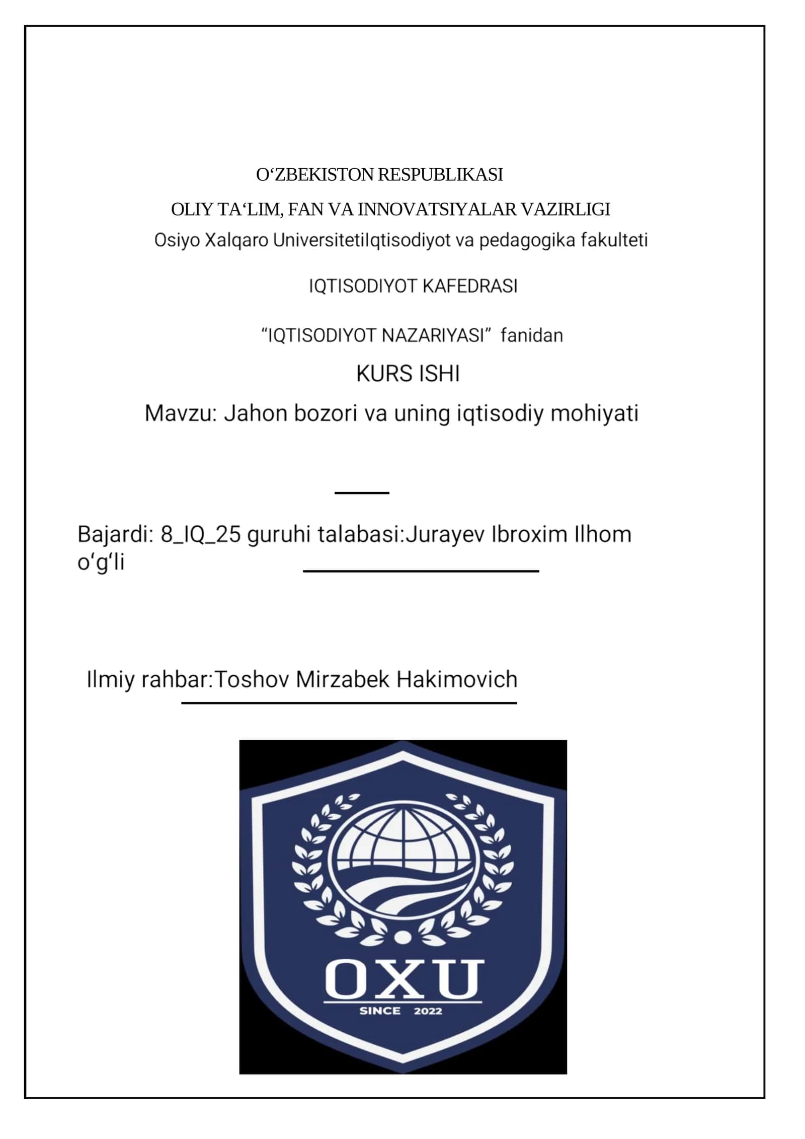 Jahon bozori va uning mohiyati 1
