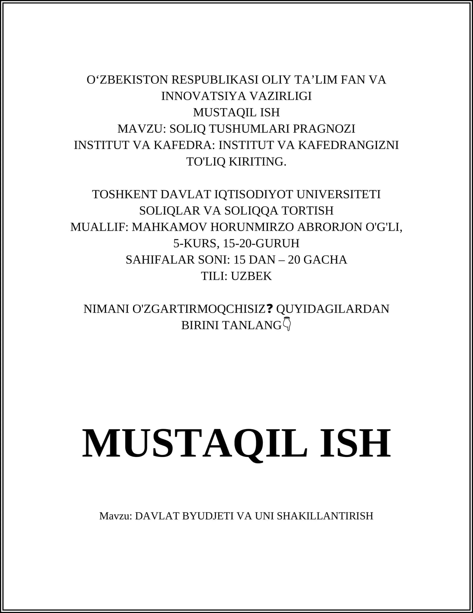 DAVLAT BYUDJETI VA UNI SHAKILLANTIRISH 1
